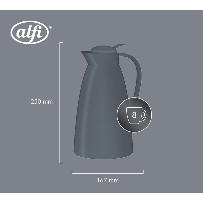 Термос Alfi ECO 1.0л, темно-сірий, з термоізоляційним скляним вкладишем, з кришкою-поворотом та зручною кнопкою, для однієї руки, ідеальний для кави та чаю, без BPA