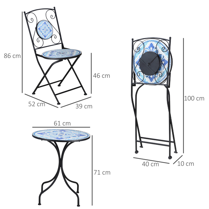 Набір бістро Outsunny Garden Seating Group на 2 особи Ø 61 см з 1 столом і 2 складними стільцями зі сталі в синьому кольорі