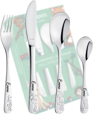 Набір дитячого посуду Kinderbesteck з гравіюванням 'Друзі лісу', 4 шт. з іменем, з нержавіючої сталі