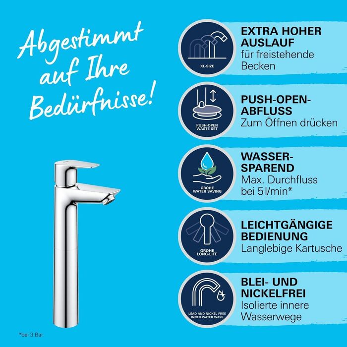 Змішувач для умивальника GROHE StartEdge, економічний, з холодною водою в середній позиції, 15 см, з поп-ап зливом, інструмент 3-в-1, проста установка (хром, XL, Push-Open)