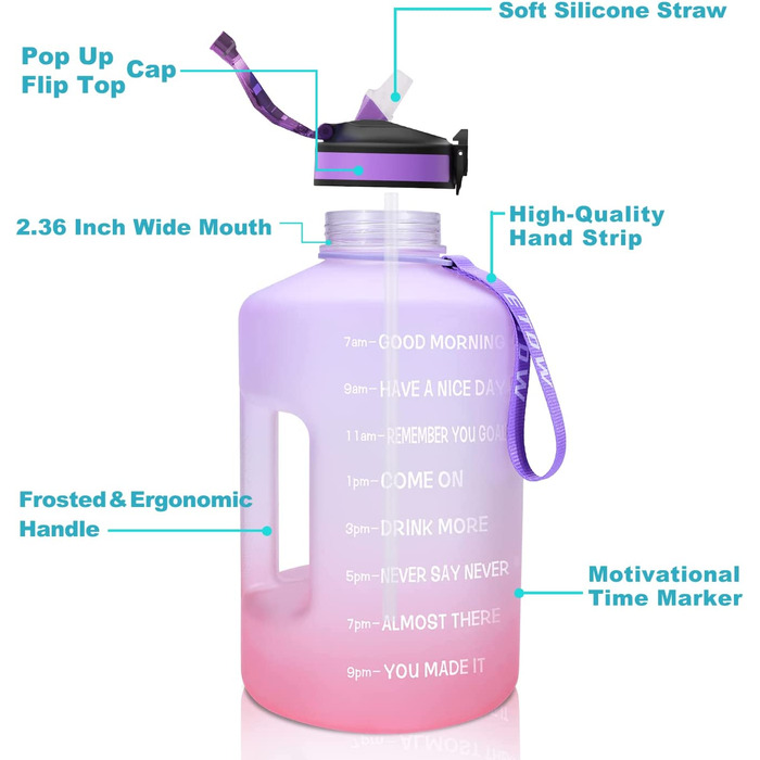 Спортивна пляшка для пиття ETDW з годинами 3,78 л фіолетово-рожева