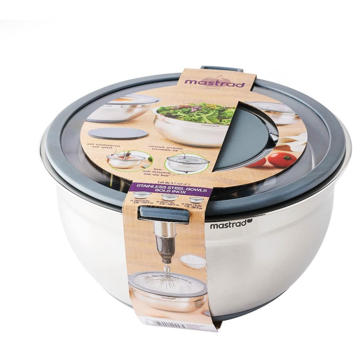 Нержавіюча чаша Mastrad для змішування, випікання та зберігання продуктів з прозорим кришкою та ручками (24 см)
