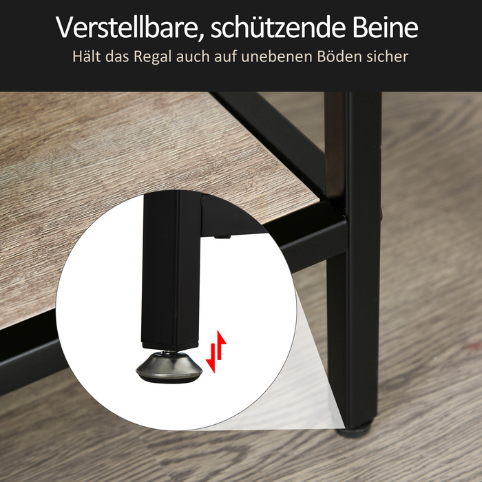 Стелаж Standregal: Промисловий стелаж для книг, документів та кухонного приладдя. Виготовлений з П2 ДСП та металу, комбінація чорного кольору та світлого дуба. Розміри: 120 x 32 x 95 см.