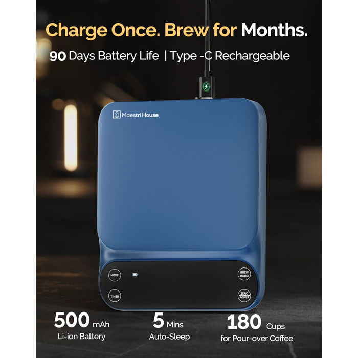 Ваги для кави Maestri House S3 з таймером, 3 кг/0,1 г, перезаряджувані, цифрові, для еспресо, з 3 режимами заварювання, регульованими пропорціями та індикатором потоку, для Pour Over, French Press (блакитні)