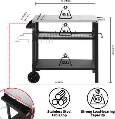 Грати для гриля з великою робочою поверхнею | Столик для гриля, вуличний гриль-тролей, грати для гриля на вулиці, стільниця з нержавіючої сталі для саду (срібло/чорний, 112*59*82 см)