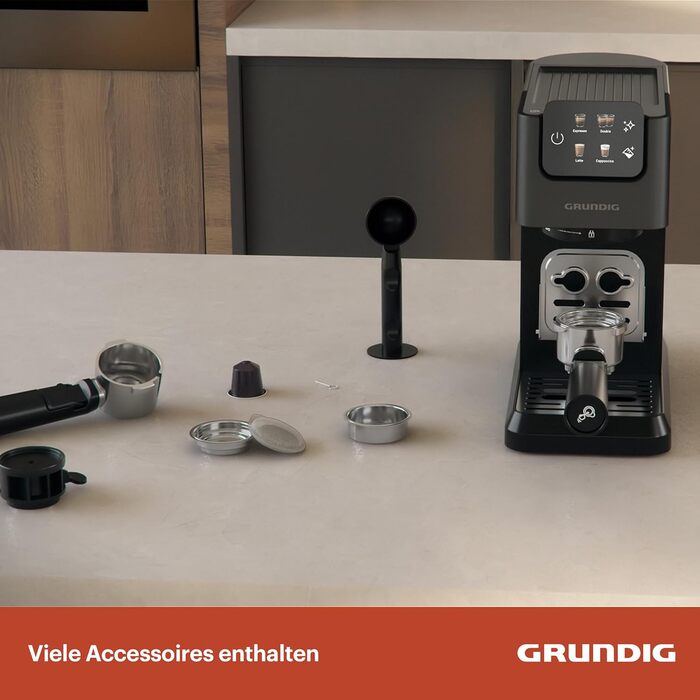 Еспресо-машина GRUNDIG KSM 6430 з вбудованим контейнером для молока, 1628 Вт, 20 бар, 2-дозова, Touch-Display, BrewSense, CreamyPro, Dark Inox/Schwarz, сумісна з капсулами та падами