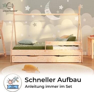 Дерев'яне ліжко-дитяча кімната Smartwood Hausbett Montessori Tipi F з сосни з сертифікатом FSC, захист від падіння, ламелі до 230 кг, для хлопчиків та дівчаток (80x160) з шухлядою