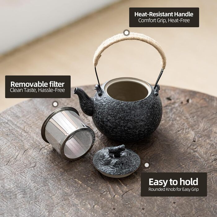 Набір для чаювання TEANAGOO: чайник 700мл + 4 чашки 205мл, дорожній, порцеляна, сірий, з підносом