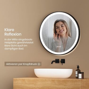Дзеркало для ванної кімнати EMKE з підсвічуванням, 50 см, кругле, чорний каркас. Дзеркало з регульованою яскравістю, 3 кольори світла, проти запотівання, сенсорне управління та функція пам'яті. Ідеально для ванної кімнати.