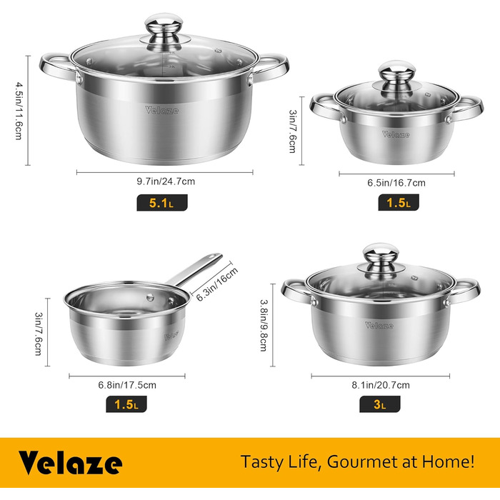 Набір каструль Velaze 7-ка з нержавіючої сталі, з кришками, індукційні, PFOA free, для всіх плит, сріблясті