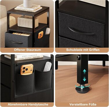 Нічний столик з підзарядкою та LED, приліжний столик з 3 висувними ящиками з тканини, нічний столик з полицею, відкрите відділення, 2 розетки AC, USB та Typ C порти, для спальні, вітальні, офісу (25x30x60 см, Чорний, 2)