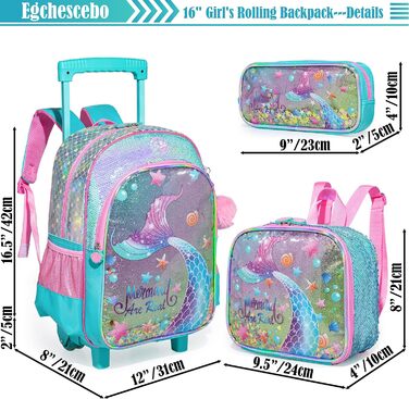 Дитячий рюкзак Egchescebo Satchel для дівчаток на колесах 17 3PCS Дорожні рюкзаки (Blue-mry)