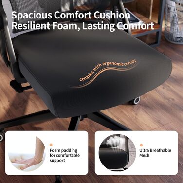 Офісний стіл-крісло Monhey з регулюванням висоти, поворотне з відкидними підлокітниками, дихаюча сітка, регульована підголовник та інтелектуальна підтримка попереку – для дому/офісу, чорний