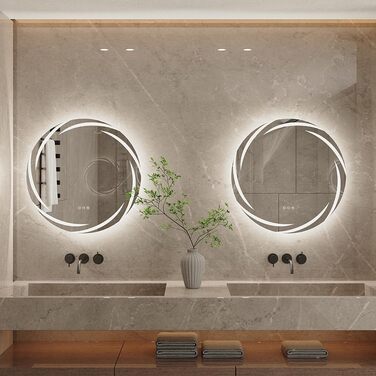 Круглий дзеркало для ванної кімнати LUVODI з підсвічуванням: LED дзеркало круглої форми 60 см з фоновою підсвіткою, 3 кольори світла, регулювання яскравості, сенсорна кнопка, запобігання запотіванню, енергозбереження, для ванної кімнати, для гостей, туале