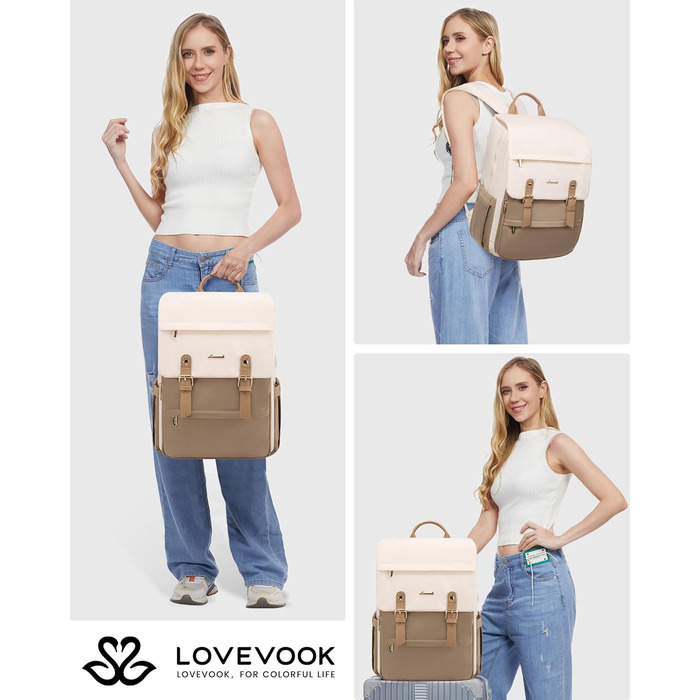Жіночий рюкзак LOVEVOOK 15.6 дюймів: водонепроникний, для ноутбука, універсальний, для роботи, навчання, подорожей, бежевий/коричневий