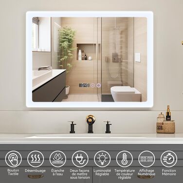 Дзеркало для ванної кімнати YU YUSING з підсвічуванням 80x60 см, LED, 3 кольори світла, регулювання яскравості, антизапар, сенсорне управління, таймер, загартоване скло, IP44 (прозоре)