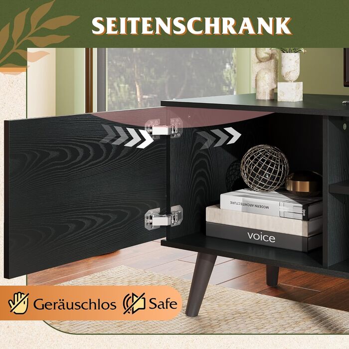 Тумба під телевізор WLIVE Schwarz 160x40x47 см, чорна, з 2 дверцятами та 2 відкритими полицями для вітальні, спальні, їдальні