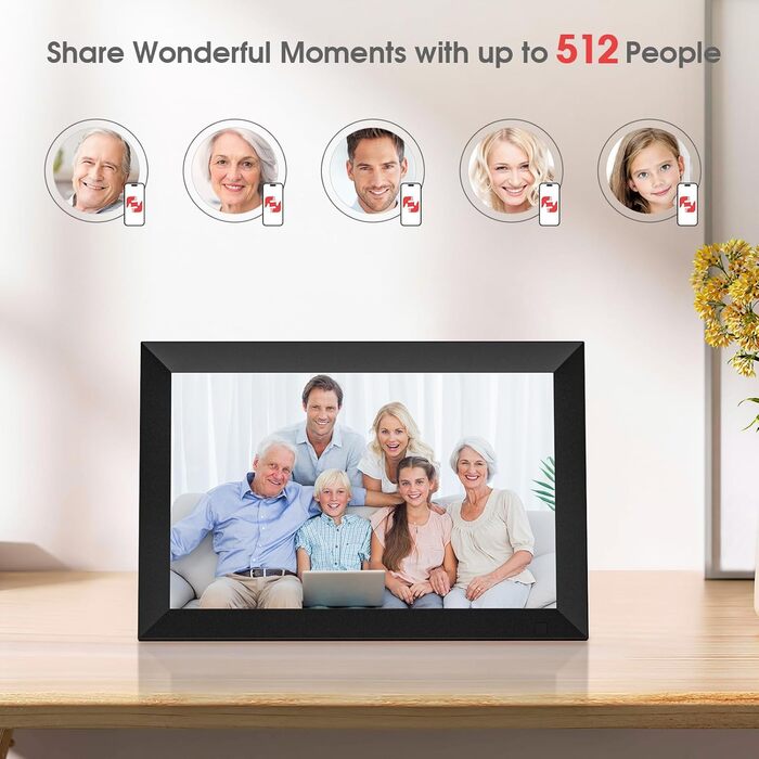 Цифровий фоторамка 10.1 дюйма з Wi-Fi, 32 ГБ пам'яті, сенсорний IPS екран 1280x800, підтримка фото/відео через додаток, датчик руху, чудовий подарунок