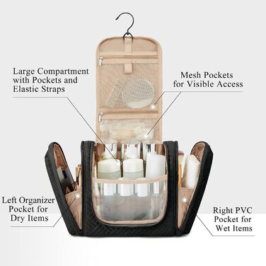 Дорожній органайзер для жіночого туалету BAGSMART, водонепроникна косметичка-органайзер для подорожей (L, чорний-2)