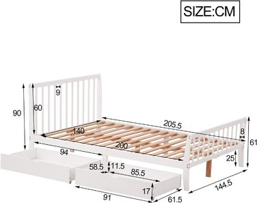 Дерев'яне ліжко Merax біле, каркас ліжка з масиву дерева з рейковим каркасом і ніжками, односпальне ліжко з узголів'ям і підніжкою, дитяче ліжко молодіжне ліжко з масиву дерева, місце для зберігання під ліжком (140 x 200 см, біле ліжко)