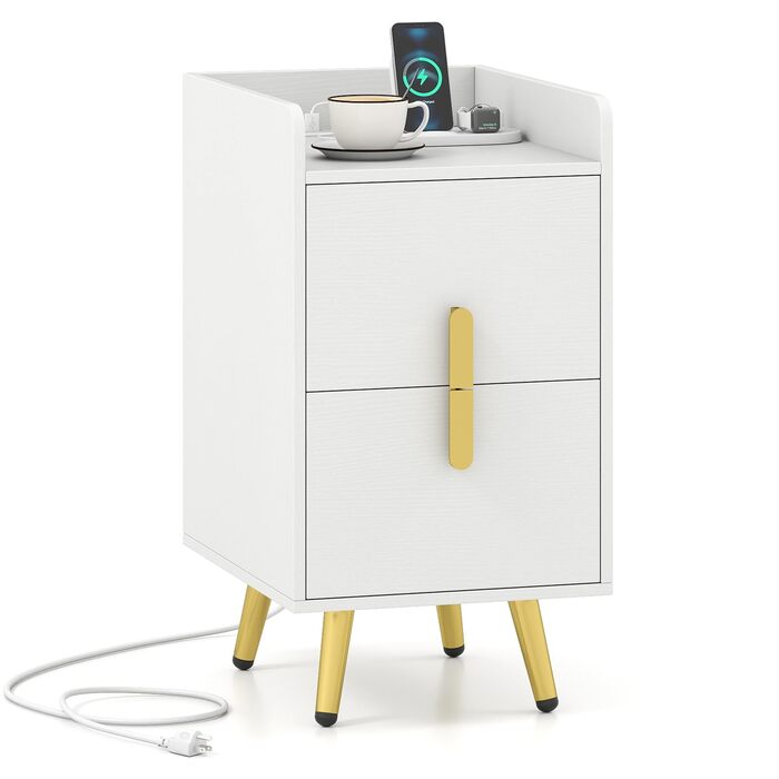 Нічний столик COSTWAY з зарядкою, вузький приліжний столик з 2 шухлядами, металеві ніжки, для спальні, вітальні, 32x40x60 см (Білий)