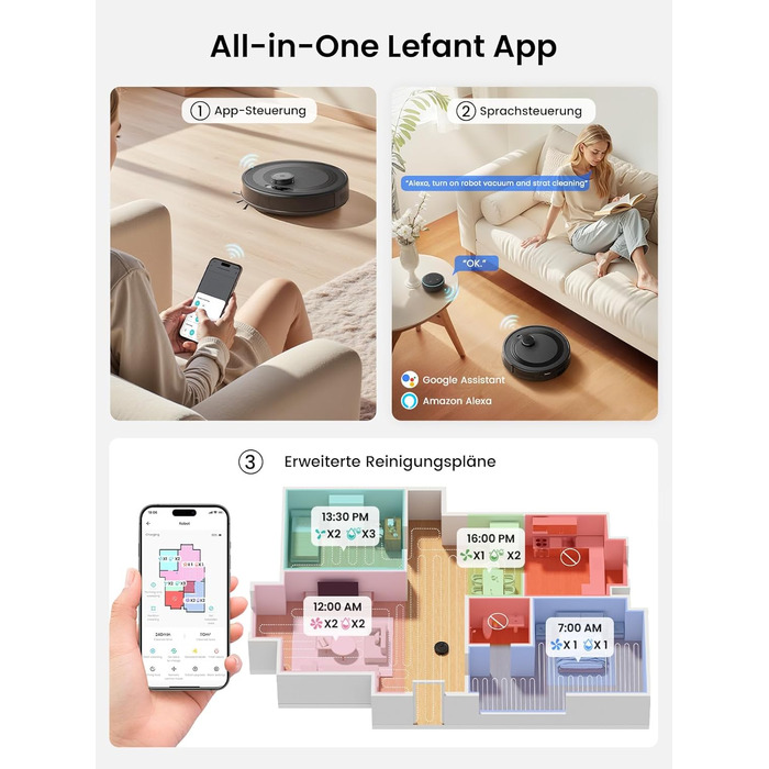 Робот-пилосос LEFANT M2 Plus з картографією, лазерною навігацією, 6000Pa, WiFi/App/Alexa, чорний