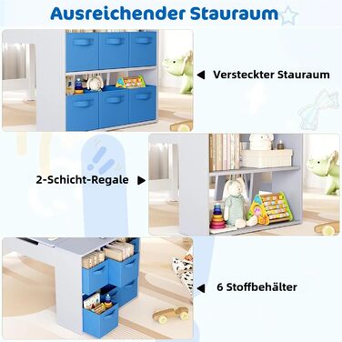 Дитячий стіл зі стільцями, комплект з дерева, дитяча група сидіння з місцем для зберігання, стіл для малювання з рулоном паперу, стіл для малювання та рукоділля для дітей від 3 років (Блакитний)