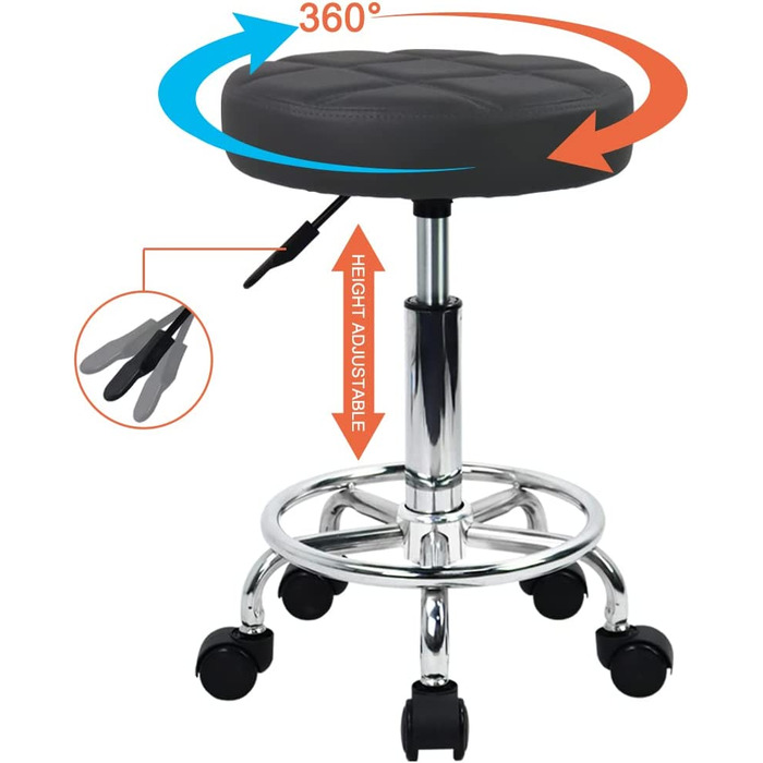 Круглий стілець зі штучної шкіри WKWKER, поворотний стілець з регулюванням висоти для домашнього офісу, стілець для малювання, лабораторний кухонний масажний стілець з колесами, офісне крісло (сірий)