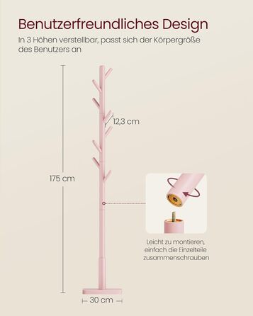 Стійка для одягу VASAGLE, дерев'яна, з 8 гачками, рожева, RCR010B01