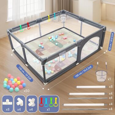 Манеж дитячий CHOLY для немовлят та малюків, 128x128 см, сірий з килимком 150x180 см - безпечний, міцний, з сіткою та захистом