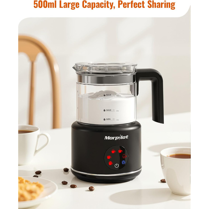 Електричний спінювач молока Morpilot 6-в-1, чорний, 130-500 мл, 600 Вт, для капучино, лате, гарячого шоколаду, миється у посудомийній машині