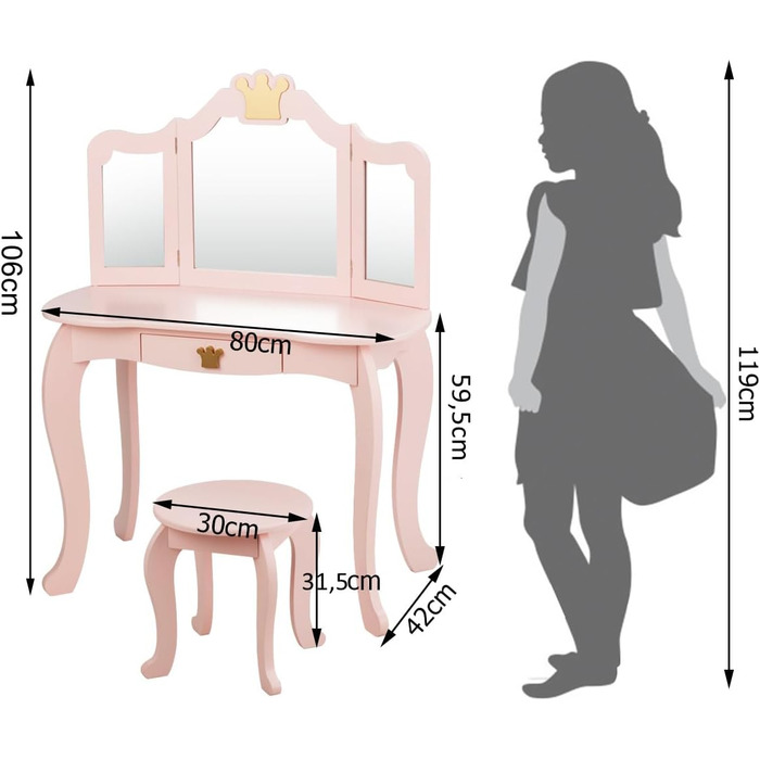 Туалетний столик DREAMADE дитячий з табуреткою, ящиком і дзеркалом, дерев'яний туалетний столик (рожевий)