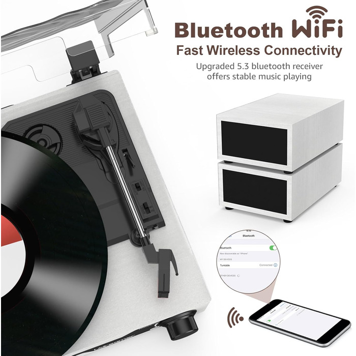 Вініловий програвач Udreamer з Bluetooth 5.3, стереодинаміками, USB, AUX, 3 швидкості, білий, ретро дизайн