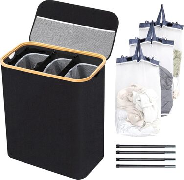 Кошик для білизни BRIAN & DANY з 3 відділеннями та кришкою, 145л, чорний