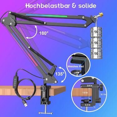 Мікрофонний стійкий тримач ZealSound з RGB підсвічуванням, адаптер 3/8
