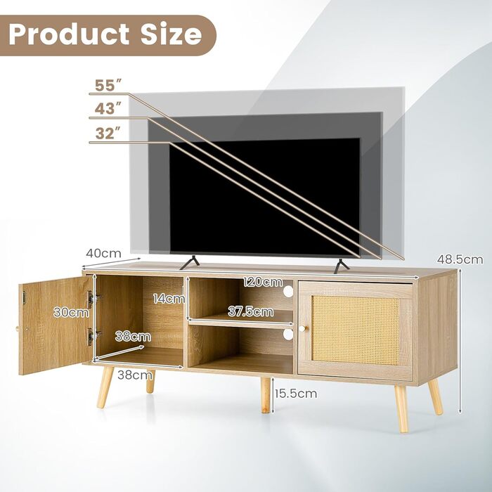Тумба під телевізор GIANTEX 120x40x48.5 см з 2 дверцятами та відкритими полицями, для телевізорів до 55 дюймів