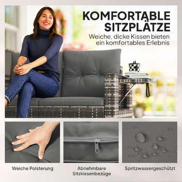 Двомісний ротанговий диван з подушками та відкидними бічними столиками. Ідеальний для відпочинку та створення затишної зони відпочинку. Колір: світло-сірий.