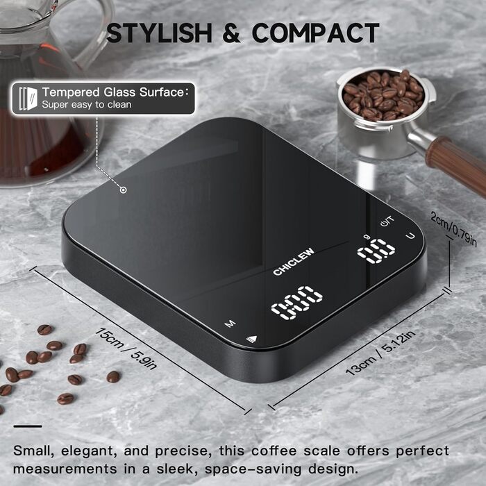 Електрична кавова вага CHICLEW з таймером, 3 кг/0,1 г, для еспресо та Pour-Over, 3 режими, 6 одиниць вимірювання, портативна, з датчиком сили тяжіння, чорна