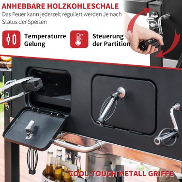 XXL вугільний гриль Grillwagen з кришкою, коптильня, гриль з колесами, ручка з нержавіючої сталі, грати, термометр, підлоговий гриль, 154.5 x 89 x 122 см