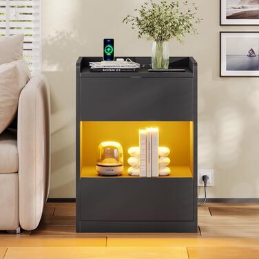 Нічний столик AOGLLATI з LED-підсвічуванням та зарядкою, з шухлядами та полицею, білий (40x35x60 см)