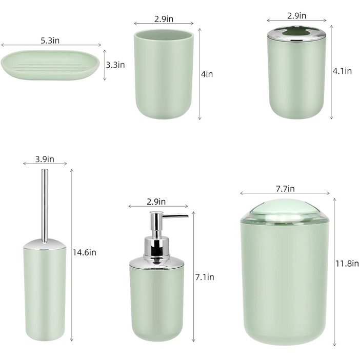 Зелений набір аксесуарів для ванної кімнати з 6 предметів зі відром для сміття, дозатором мила, тримачем для зубних щіток і щіткою для унітазу
