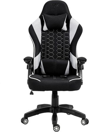 Ігрове крісло KRAKEN CHAIRS, чорно-біле, ергономічне, регульоване по висоті, з підлокітником і поперековою подушкою