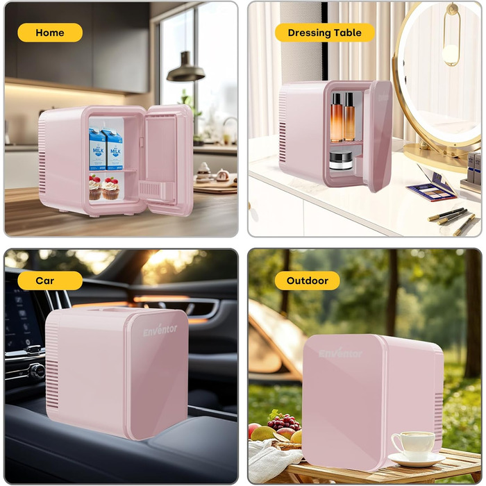 Mini холодильник Enventor 10L: для кімнати, авто, офісу. Кулер/підігрів, 12V/220V, тихий, рожевий