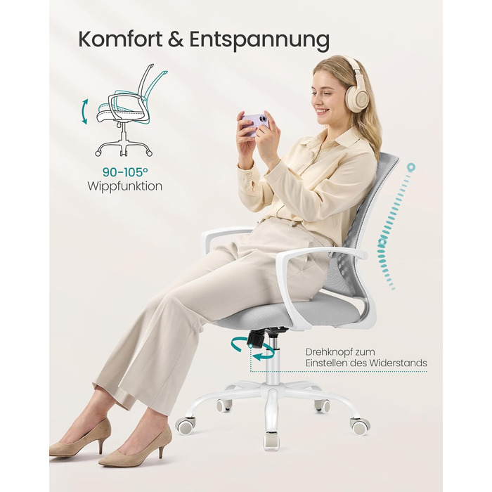 Офісне крісло SONGMICS ергономічне сітчасте, стілець для комп'ютера з регулюванням висоти та функцією гойдання, дихаюча оббивка, до 120 кг, сіро-голубий (OBN022GD01)