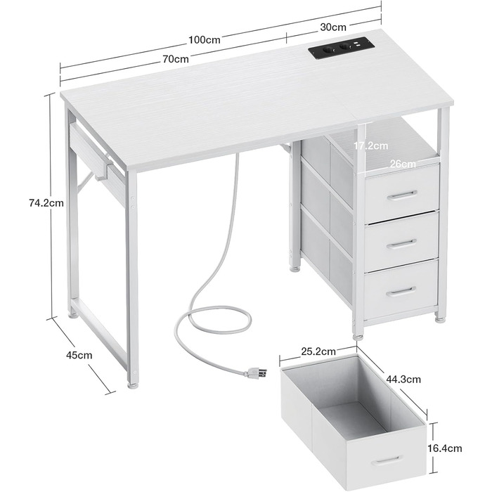 Комп'ютерний стіл ODK з 3 висувними ящиками, 100x48x75.5 см, з розетками та USB, білий. Перевертається, для дому та офісу