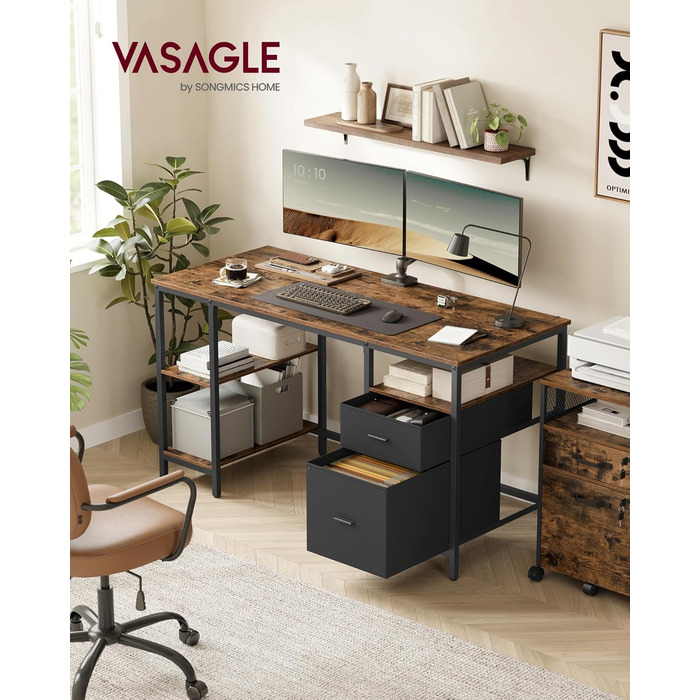 Комп'ютерний стіл VASAGLE з 3 полицями та 2 шухлядами, 140 x 60 x 76 см, для офісу/вітальні, індустріальний стиль, вінтажний коричневий + чорний