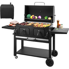 XXL вугільний гриль Grillwagen з кришкою, коптильня, гриль з колесами, ручка з нержавіючої сталі, грати, термометр, підлоговий гриль, 154.5 x 89 x 122 см