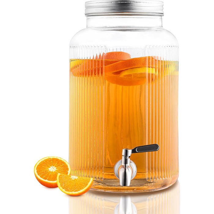 Скляний диспенсер для напоїв Evanda з нержавіючим сталевим краном, 4л, для приготування холодного чаю, лимонаду та соків