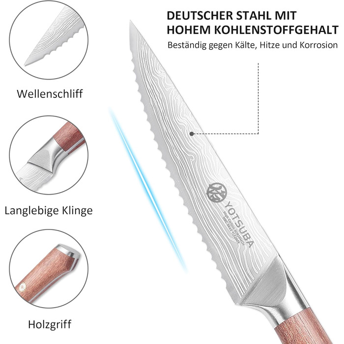 Набір кухонних ножів YOTSUBA Profi з дерев'яним блоком та точилкою, ножиці, набір кухонних ножів з нержавіючої сталі, набір кухонних ножів для кухні (ніж для стейка - 6 шт)
