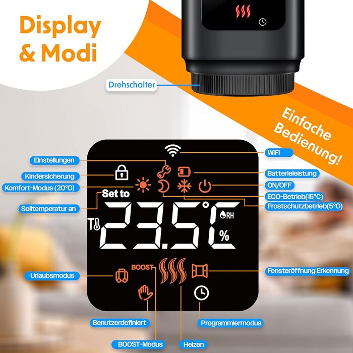 KESSER® WiFi термостат на радіатор опалення з керуванням через додаток Smart Home | Комплект з 6 вентилів | Сумісний з Alexa та Google Assistant | Економія енергії (Чорний)